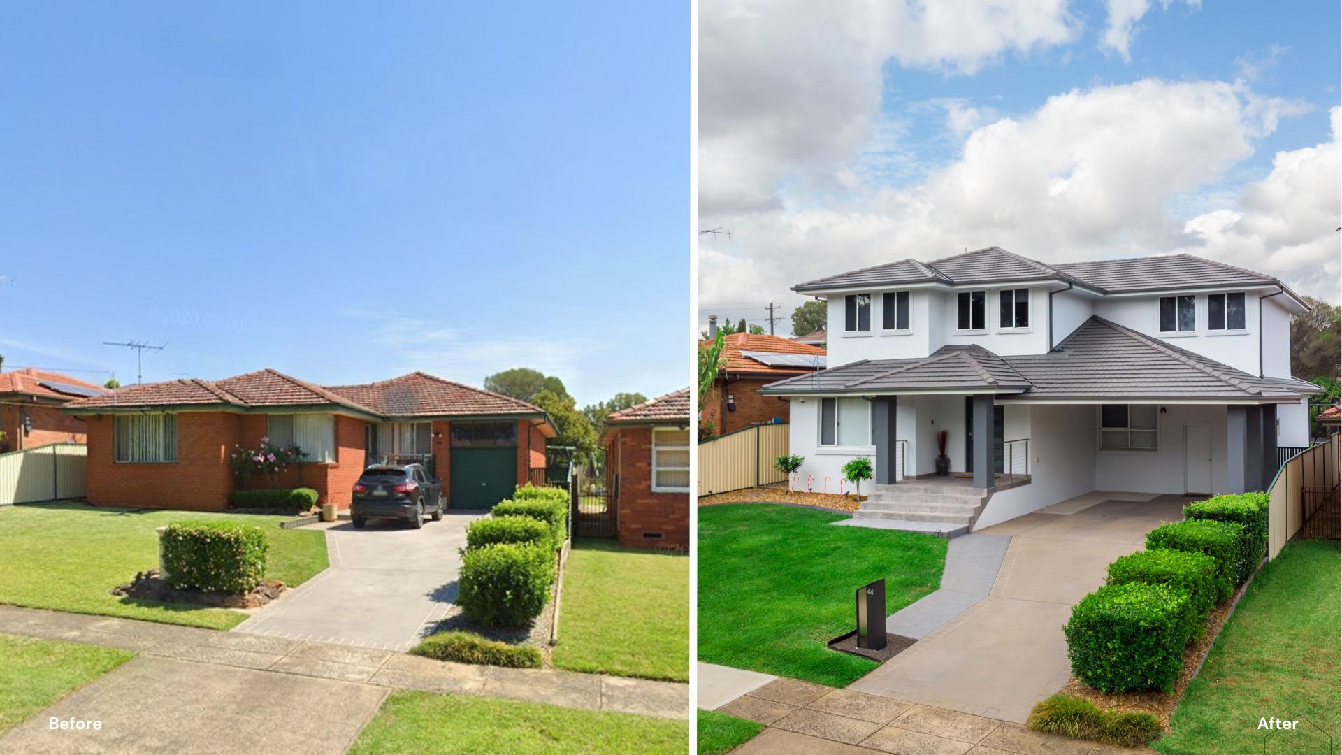 Before and after comparison of a home extension in Western Sydney, showcasing the dramatic transformation from ground-floor renovations to first-floor additions